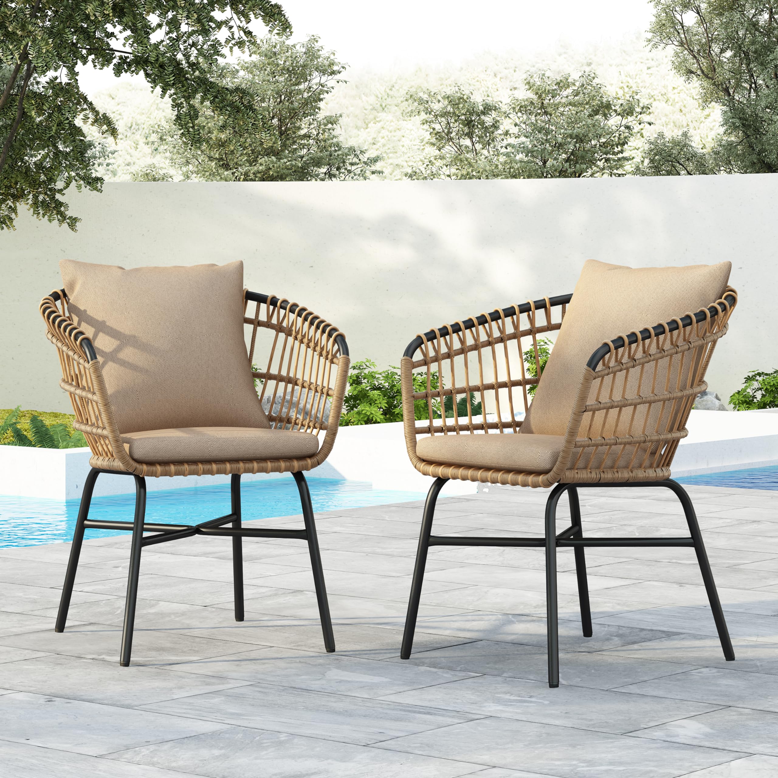 Merax Outdoor Patio Chair Set of 2 with Cushions Modern Armchair with Weatherproof Aluminum and PE Rattan Material for Gardens, Lawns, Balconies, Poolsides, 2-Pcs, Beige + Black