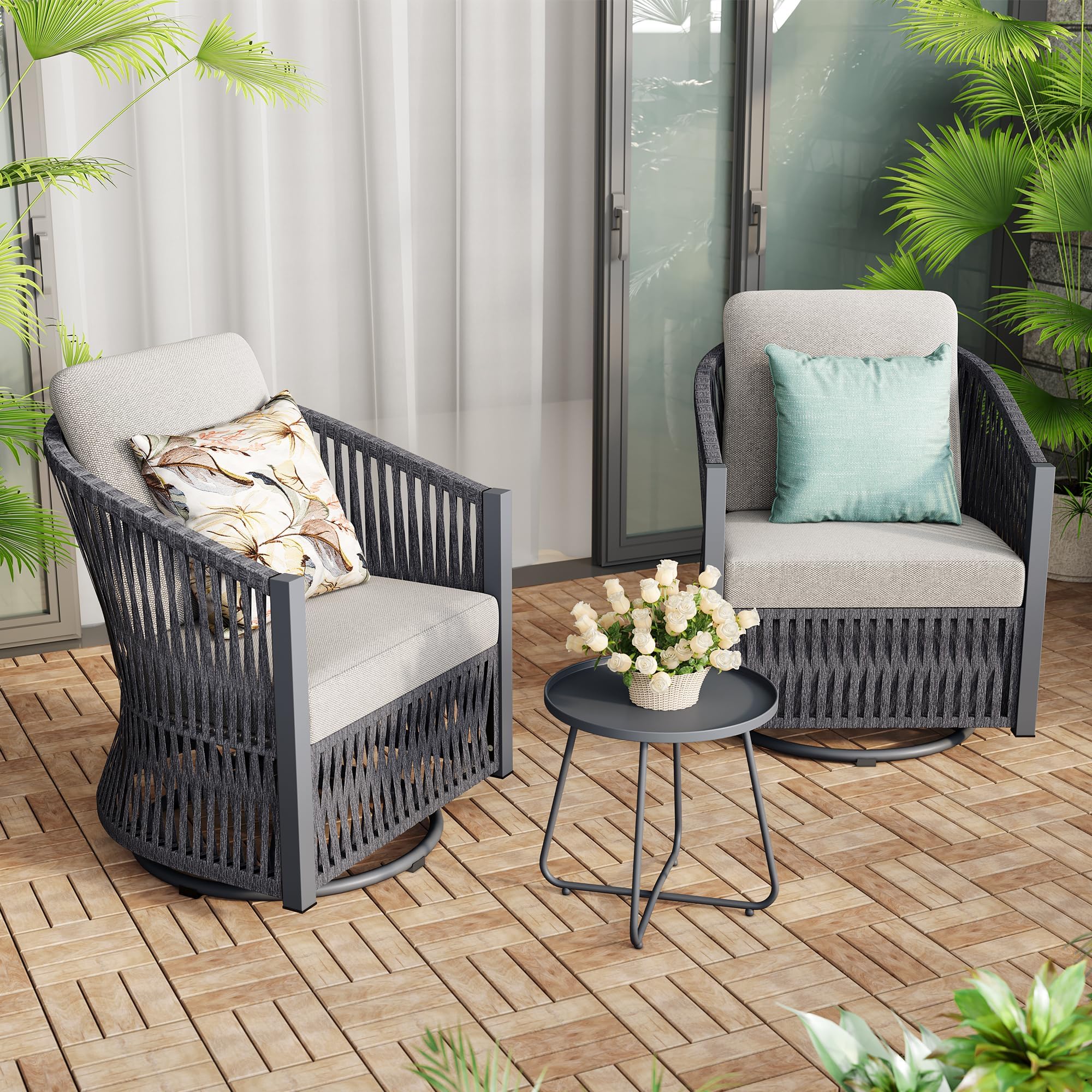 ROCKINGRUN 3 Pieces Outdoor Swivel Rocker Chair Set of 2,Outdoor Patio Glider Chair Rattan with Steel Side Table,Soft Cushions,Outdoor Patio Furniture Sets for Outside Deck Porch Garden,Dark Grey