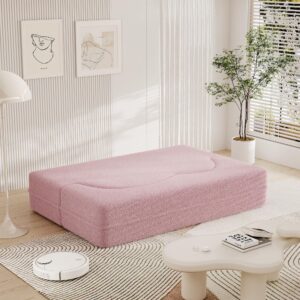 Tmsan 78" Teddy Loveseat Sofa Cloud Couch, 2 in 1 Convertible Sleeper Sofa Bed Full Size, Modern Boucle Floor Sofa Guest Bed with 2 Pillows for Living Room Apartment Office (Pink)