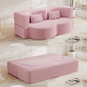 tmsan 78" teddy loveseat sofa cloud couch, 2 in 1 convertible sleeper sofa bed full size, modern boucle floor sofa guest bed with 2 pillows for living room apartment office (pink)