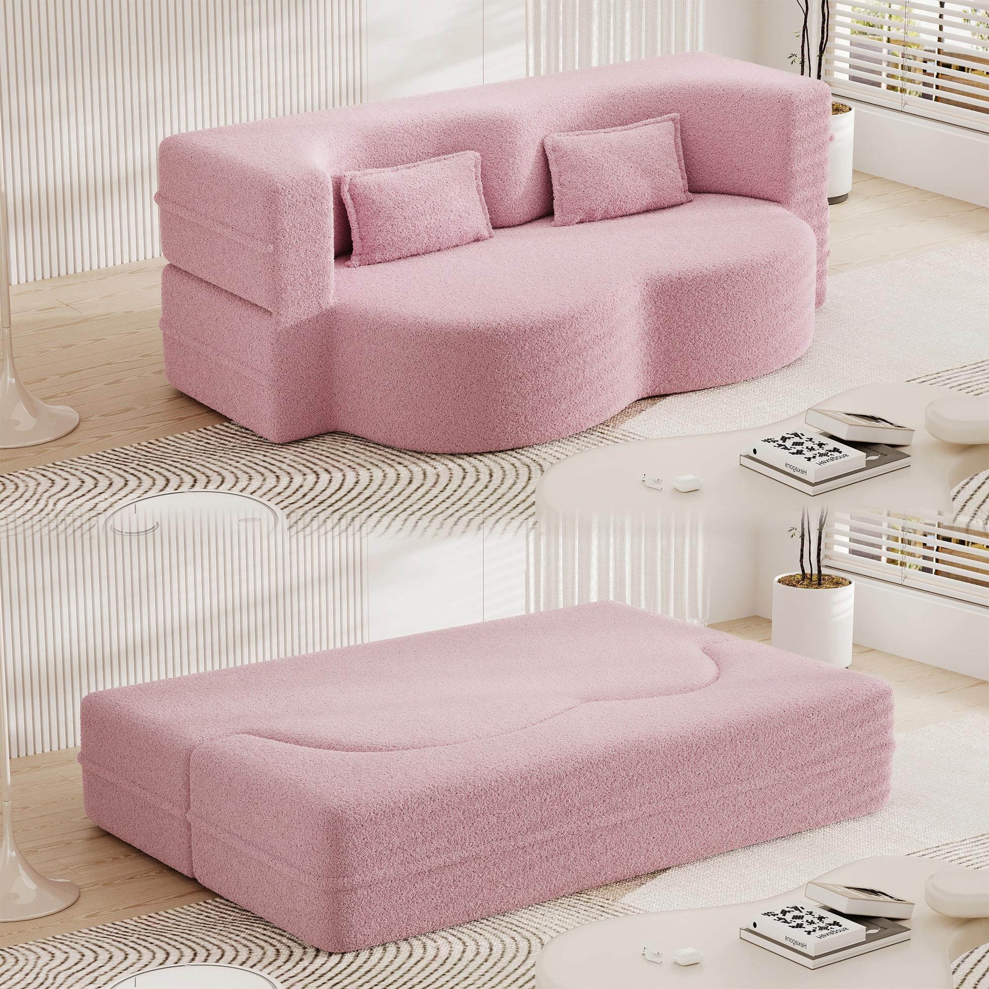 Tmsan 78" Teddy Loveseat Sofa Cloud Couch, 2 in 1 Convertible Sleeper Sofa Bed Full Size, Modern Boucle Floor Sofa Guest Bed with 2 Pillows for Living Room Apartment Office (Pink)