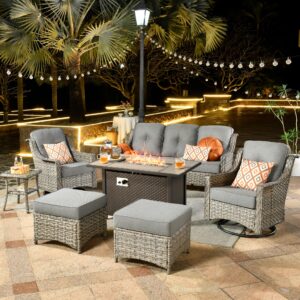 ovios outdoor 7 piece patio furniture with fire pit table,wicker coversation set with swivel rocking chair,comfy sectional deep sofa with ottoman for outside porch balcony backyard pool,dark grey