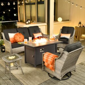 ovios outdoor 5 piece patio furniture with fire pit table,wicker coversation set with swivel rocking chair,comfy sectional deep sofa for outside porch balcony backyard pool,black