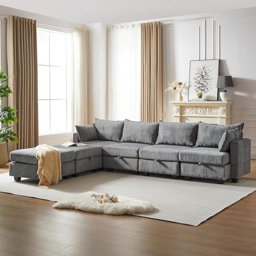 FANYE U-Shaped Oversized Free Modular Storage Sectional Sofa Soft Corduroy Upholstered Deep Seat Lounge Sofa&Couch Convertible Sleeper Couch Bed W/2 Pillows for Living Room/Downstair