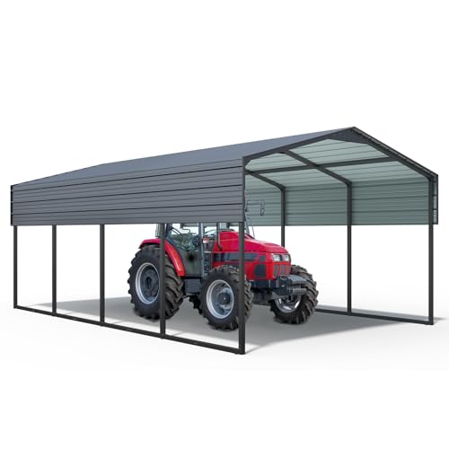 12x20 Ft Metal Carport, Heavy Duty Car Port with Galvanized Steel Roof, Outdoor Car Garage, Large Carport Canopy, Steel Car Shelter for Car, Boats and Truck, Charcoal Black