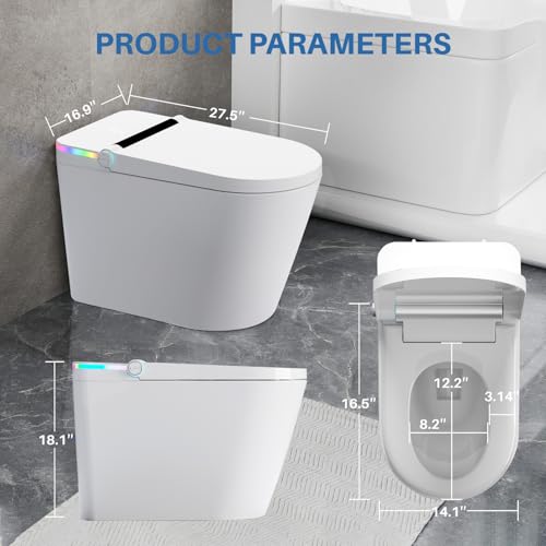 Upgrade Smart Bidet Toilet with Heated Water，Adjustable Washing Settings,LED-light, Air Dryer, One Piece Bidet-Toilet with Remote Control,Auto Open Cover