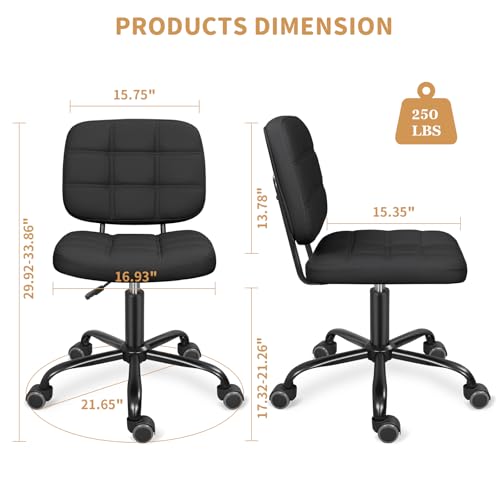 ERGOSEAT Armless Home Office Desk Chair with Wheels, Modern Ergonomic Drafting Rolling Chair with 360° Swivel Wheels,Height Adjustable Computer Task Chairs for Small Space, Black