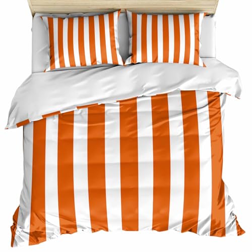 Lsrtoss Burnt Orange Striped Twin Duvet Cover Set for All Season, Thanksgiving Orange White Stripes Microfiber 3 Piece Bedding Set with 2 Pillowcases & 1 Quilt Cover, 68" W x 86" L, Twin Size