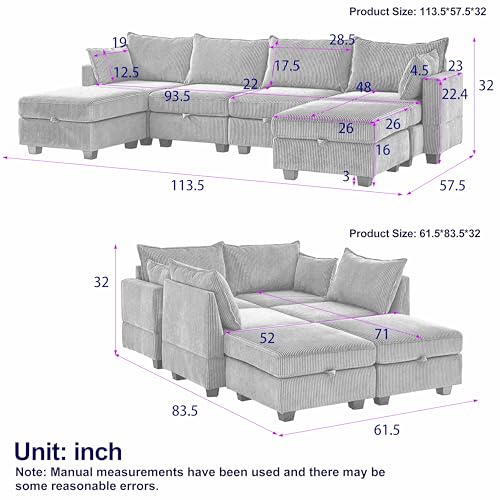 FANYE L/U-Shaped Oversized Free Combination Modular Storage Sectional Sofa Soft Corduroy Upholstered Deep Seat Sofa&Couch Convertible Sleeper Couch Bed W/2 Pillows for Living Room