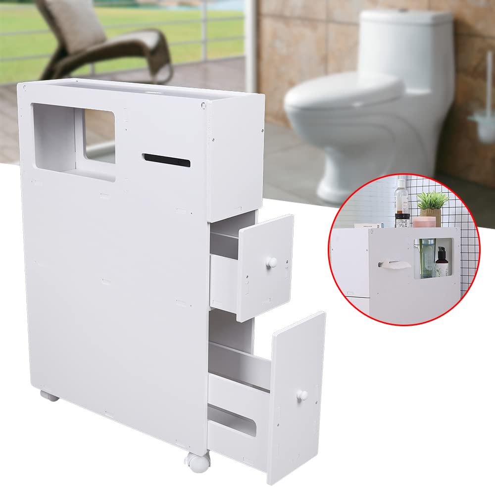 Giciashop Slim Bathroom Storage Cabinet,PVC Side Toilet Storage with Wheels,20.5 x 6.4 inches Small Cabinet for Bathroom Storage(White)