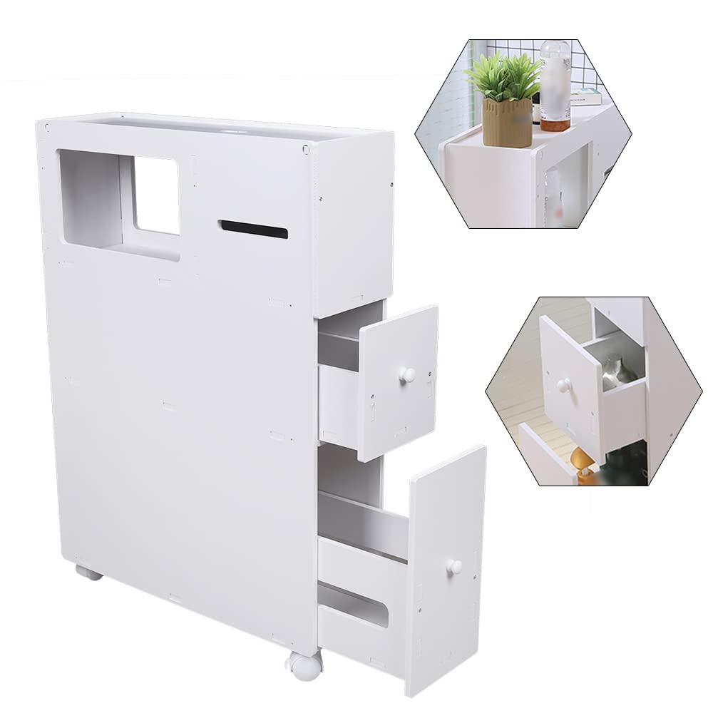 Giciashop Slim Bathroom Storage Cabinet,PVC Side Toilet Storage with Wheels,20.5 x 6.4 inches Small Cabinet for Bathroom Storage(White)