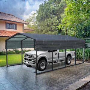 12x20 Ft Metal Carport, Heavy Duty Car Port with Galvanized Steel Roof, Outdoor Car Garage, Large Carport Canopy, Steel Car Shelter for Car, Boats and Truck, Charcoal Black