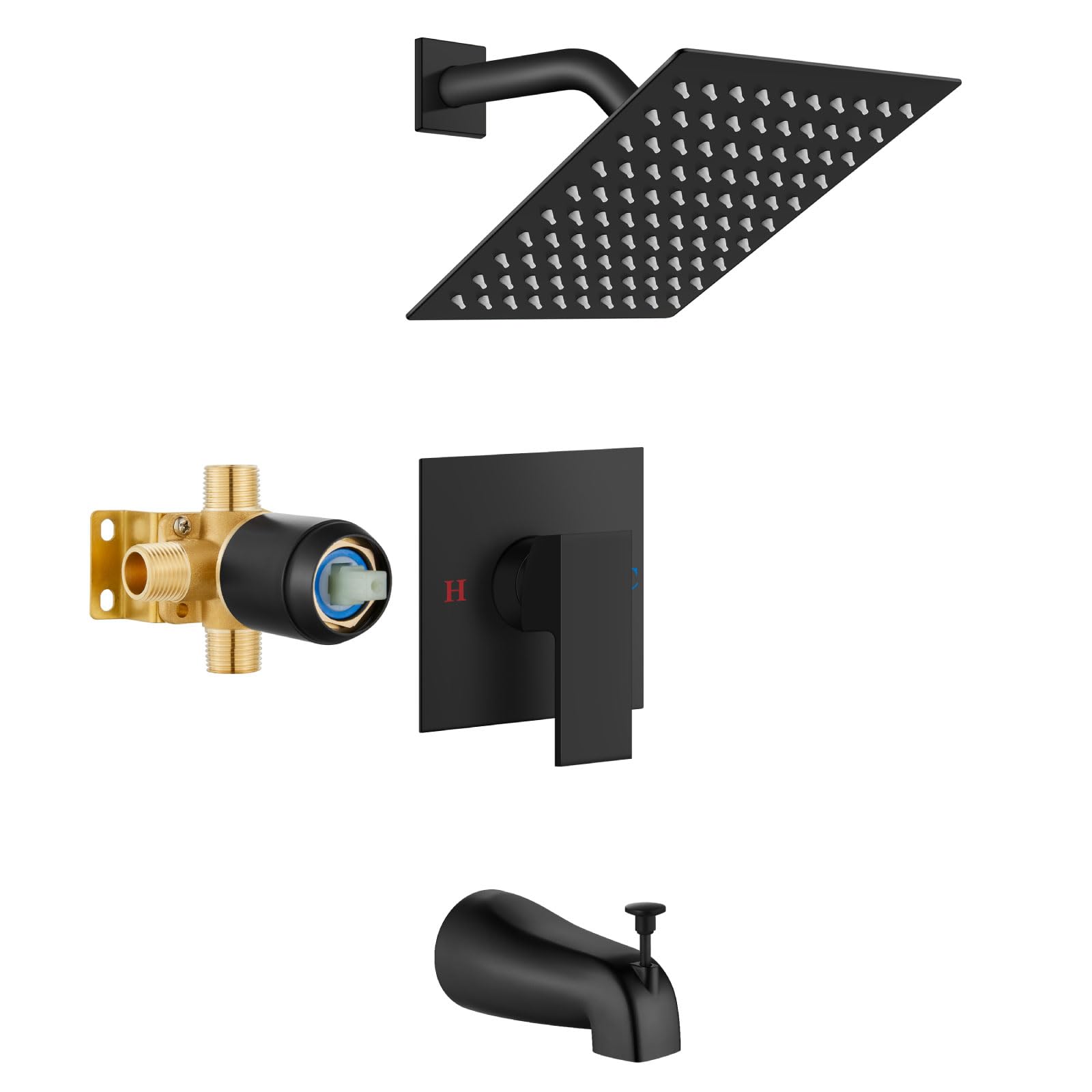 Airuida Shower Faucet Set with 8 Inch Rainfall Square Showerhead and Tub Spout Bathtub Faucet Wall Mount Kitchen Faucet Matte Black 8 Inch Center Wall Mount Faucet Kitchen with Sprayer