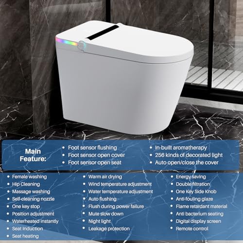 Upgrade Smart Bidet Toilet with Heated Water，Adjustable Washing Settings,LED-light, Air Dryer, One Piece Bidet-Toilet with Remote Control,Auto Open Cover