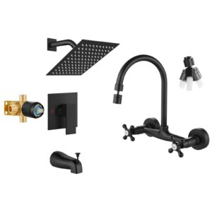 airuida shower faucet set with 8 inch rainfall square showerhead and tub spout bathtub faucet wall mount kitchen faucet matte black 8 inch center wall mount faucet kitchen with sprayer