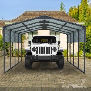 12x20 Ft Metal Carport, Heavy Duty Car Port with Galvanized Steel Roof, Outdoor Car Garage, Large Carport Canopy, Steel Car Shelter for Car, Boats and Truck, Charcoal Black