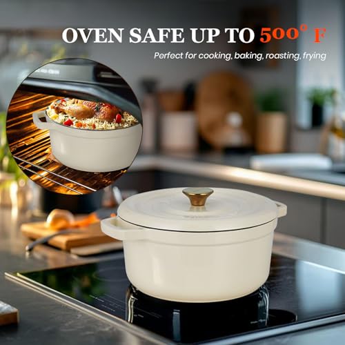 Overmont Enameled Cast Iron Dutch Oven - 5QT Pot with Lid Cookbook & Cotton Potholders - Heavy-Duty Cookware for Braising, Stews, Roasting, Bread Baking white