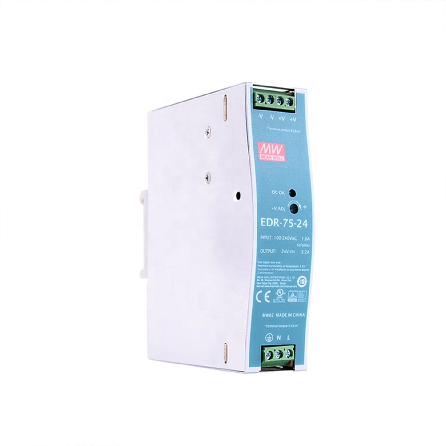 TorqCali EDR-75-24 75W 24V 3.2A Single Output Industrial DIN Rail Power Supply, Constant Current Limiting, Overload and Overvoltage Protection, -40°C to +70°C Operating Temperature