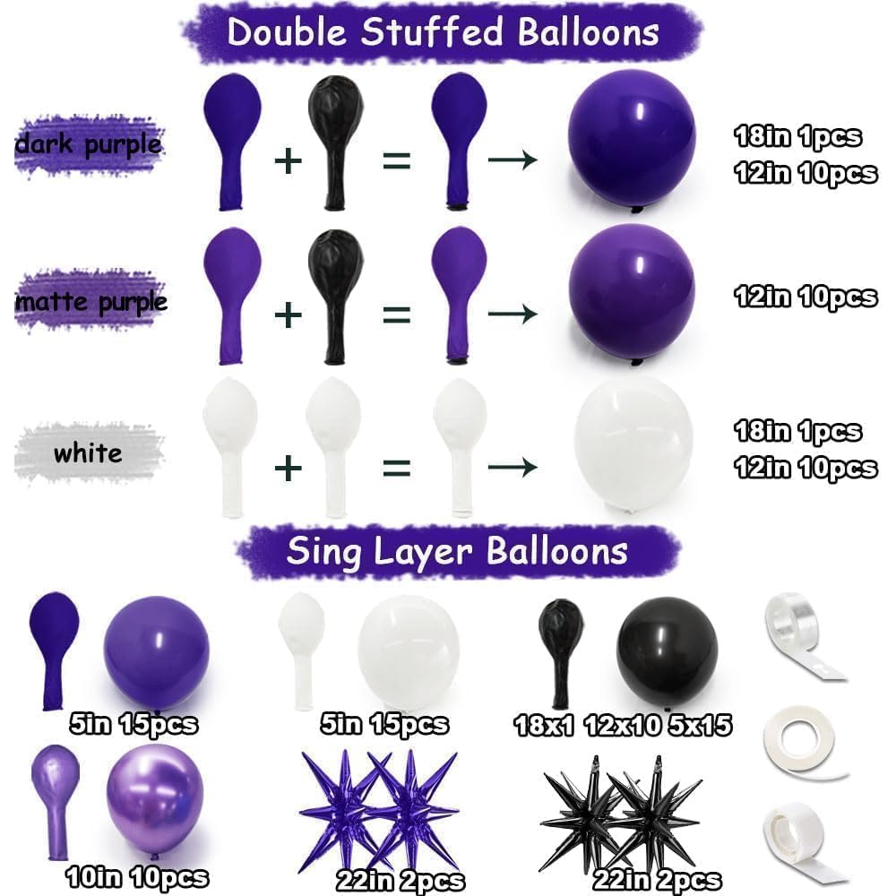 Black Purple White Balloon Garland - Double Stuffed Dark Purple Balloon Royal Purple Black Metallic Black Lilac Starburst Balloon Arch Kit for Birthday Halloween Anniversary Wednesday Party Decor