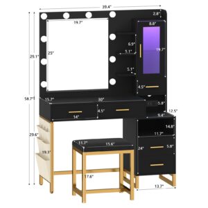 Makeup Vanity Table Set with LED Lights & Charing Station, Large Make up Vanity Desk with Mirror and Lights, Dressing Vanity Table with Nightstand & Soft Stool, Black Vanity with Drawers & RGB Cabinet