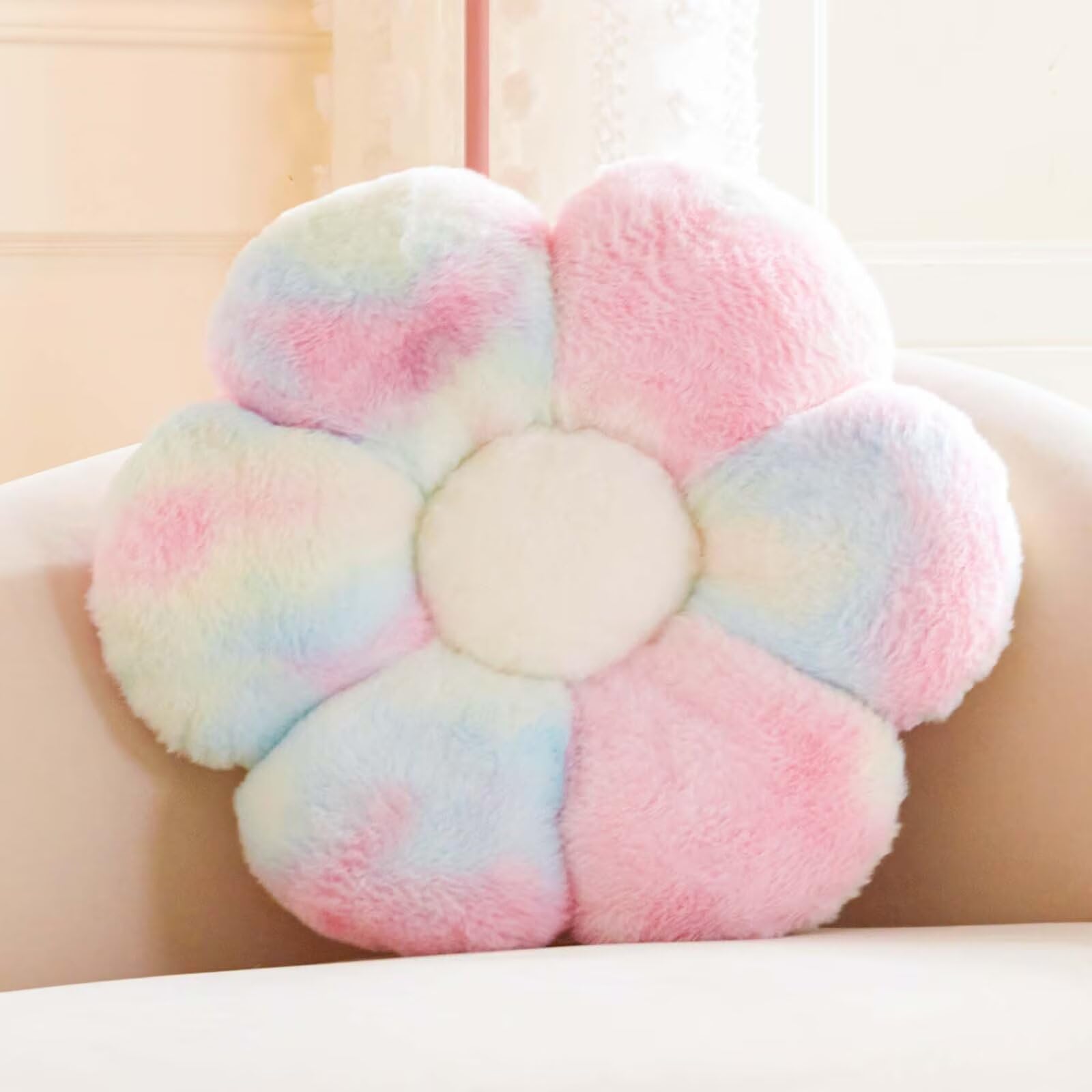 Kcvvcr Rainbow Pink Flower Pillow, Cute Decorative Flower Shaped Throw Pillow with Faux Rabbit Fur, 14.9" Soft Flower Plush Throw Pillow Floor Pillows Room Décor for Bedroom Living Room