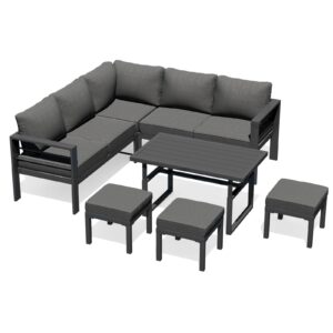 AECOJOY Aluminum Patio Furniture Set, Outdoor Modern Metal Outdoor Furniture Sofa Set, Outdoor Conversation Table and Chair Sets for Lawn, Backyard, and Deck with Dark Grey Cushions