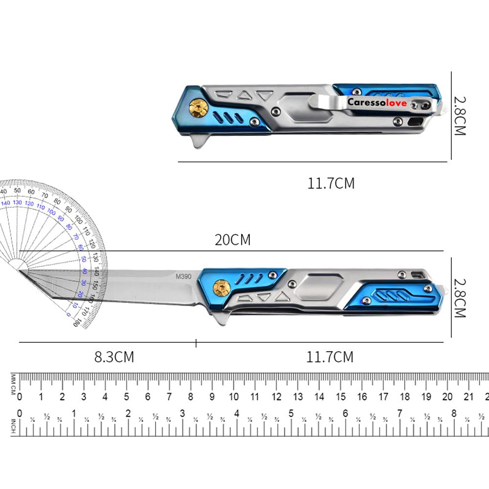 Generic Premium Folding Pocket Knife, M390 Steel Blade Knife for Men, with Pocket Clip and Leather Knife Sleeve, Window Breaker, Outdoor Emergency Tools, Blue, ZHQ07001