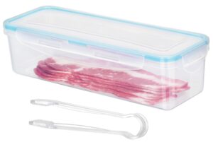 bacon storage container with air-tight lids for fridge bpa - free long bacon containers dishwasher safe plastic deli meat keeper with kitchen food serving tongs for refrigerator (bacon container blue)