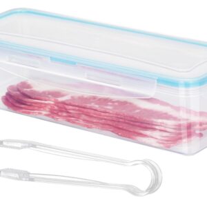 Bacon Storage Container with Air-tight Lids for Fridge BPA - free Long Bacon Containers Dishwasher Safe Plastic Deli Meat Keeper with Kitchen Food Serving Tongs for Refrigerator (Bacon Container Blue)