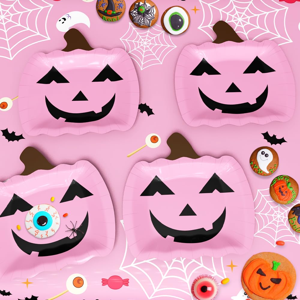 AIBIIN Pink Halloween Party Decorations for Girl Pumpkin Paper Plates Halloween Tableware Popcorn Box Balloons Set Halloween Baby Shower Booday Party Supplies Halloween Girls Night Party Decorations