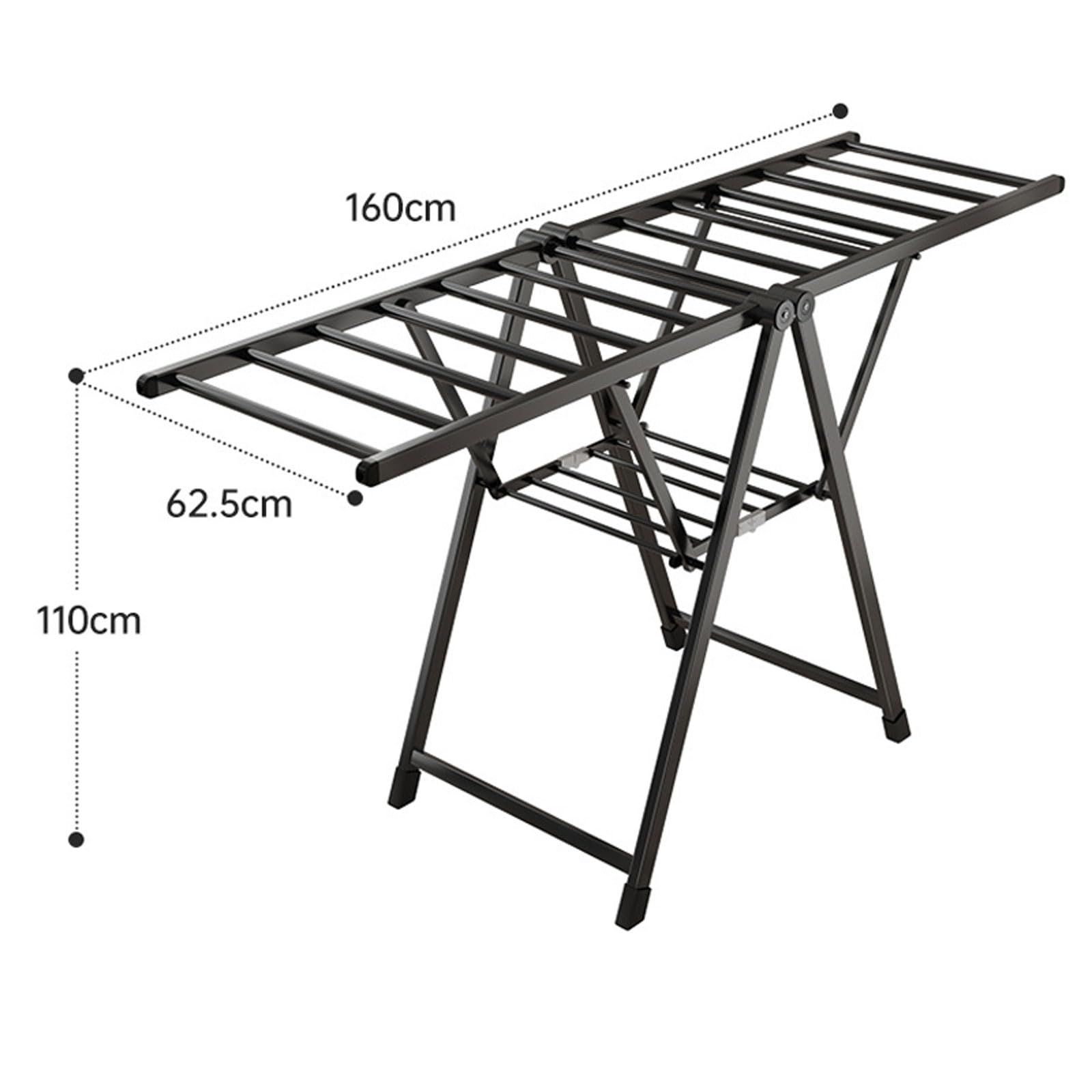 Free-Standing Laundry Drying Rack, 2-Tier Foldable Clothes Drying Rack with Height-Adjustable Gullwings, Aluminum Laundry Rack Folding Airer for Clothes Towels Linens