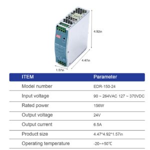 TorqCali EDR-150-24 150W 24V 6.5A Single Output Industrial DIN Rail Power Supply, Constant Current Limiting, Overload & Overvoltage Protection