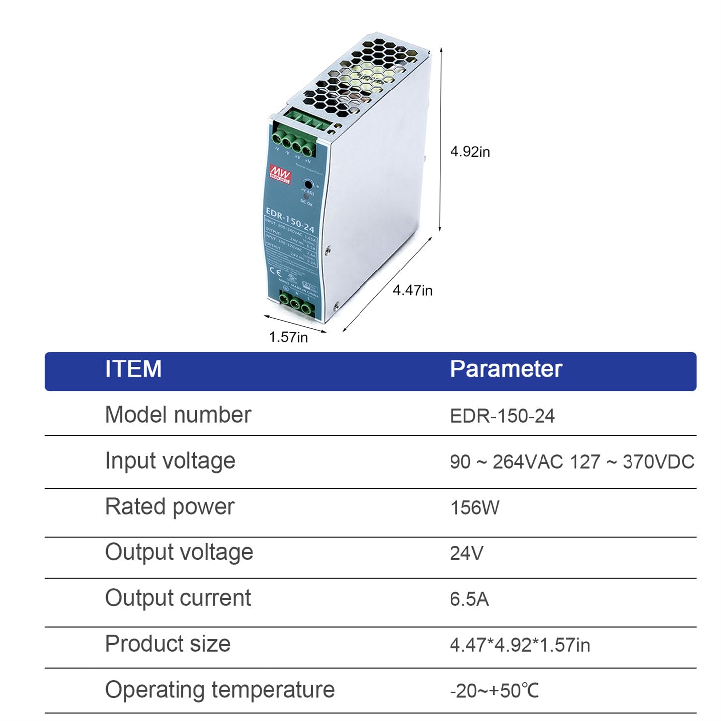 TorqCali EDR-150-24 150W 24V 6.5A Single Output Industrial DIN Rail Power Supply, Constant Current Limiting, Overload & Overvoltage Protection