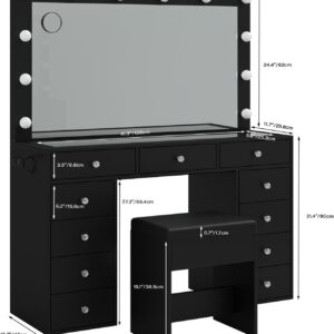 FUSOU Vanity Desk with Power Outlet, Makeup Vanity with Mirror and 12 LED Lights, 3 Lighting Modes,11 Drawers Vanity Table with Chair, Glass Top, Vanity Set for Bedroom,Dressing Room (Black)