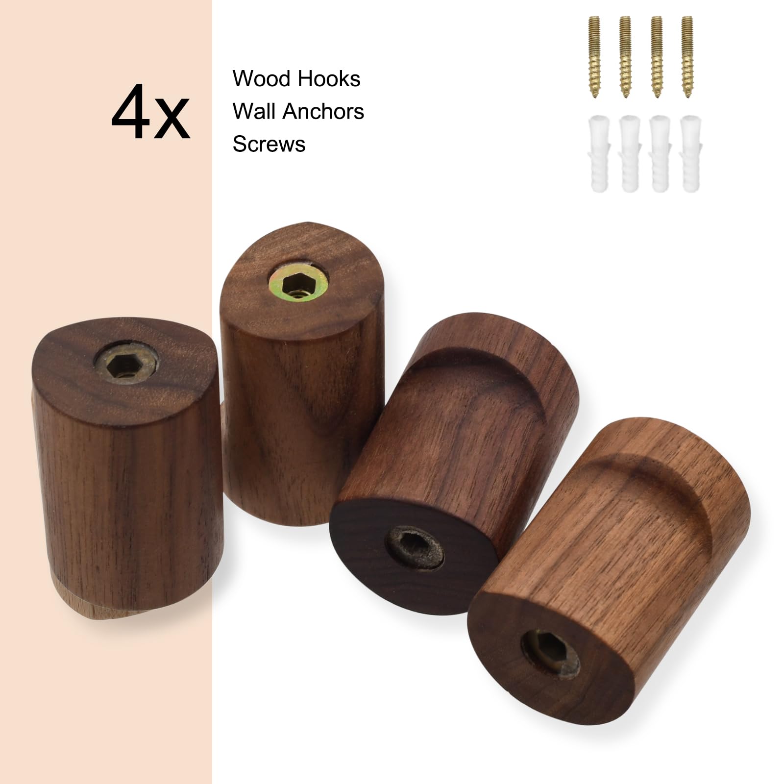 LYFJXX 4 Pack Natural Wood Hooks for Wall, Hooks for Wall Mounting, Walnut Wood Coat Rack