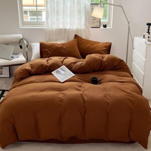 modern style bedding three piece set, washed cotton quilt cover, breathable, durable, soft and comfortable with 2 pillowcases (brown, full (80 "x 90"))