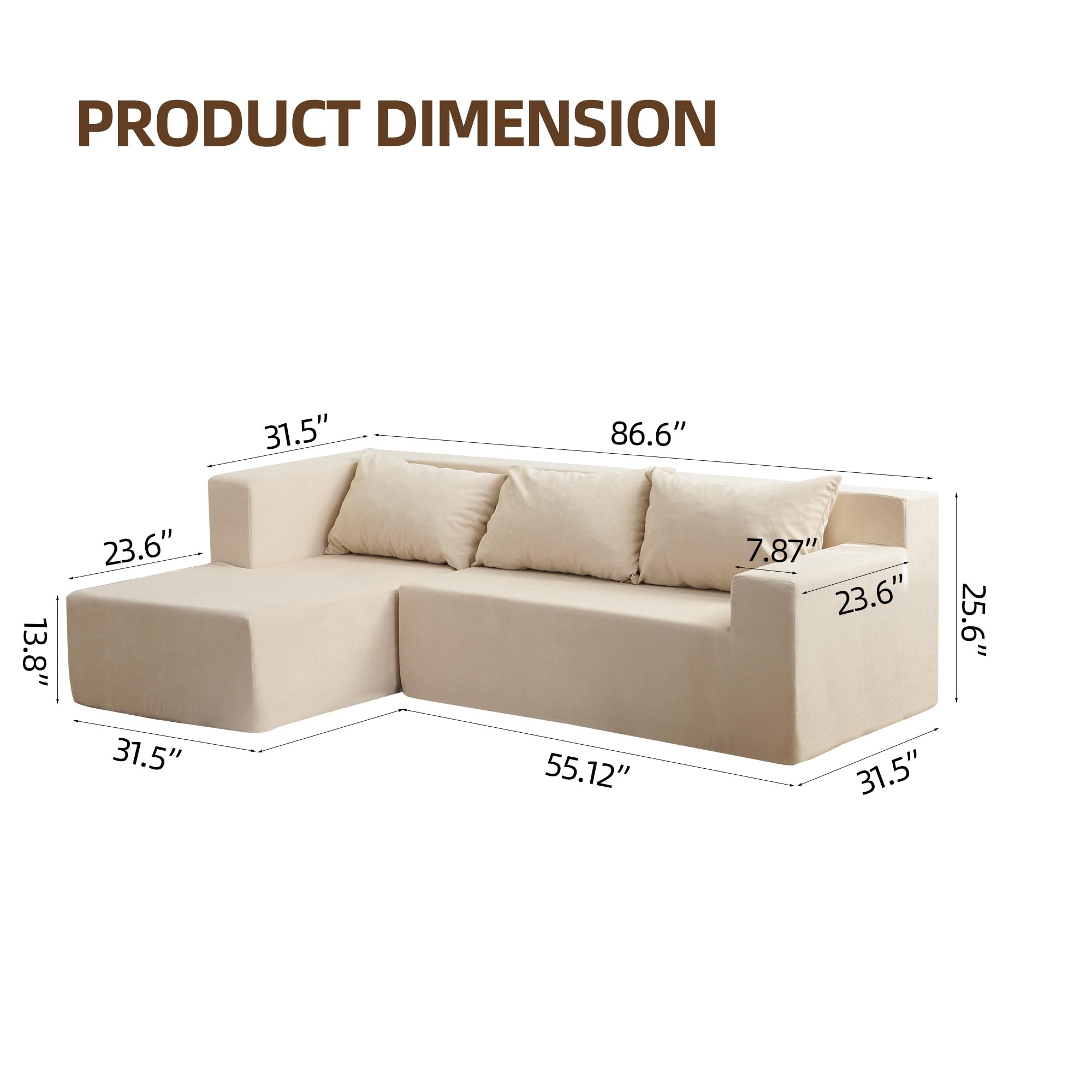 Dolonm Convertible Sectional Sofa Couches, 3 Seat L Shaped Modular Sofa for Living Room Bedroom, 86.6 inch Foam Couch with Chaise, Comfy Minimalist Furniture Set for Apartment, Beige