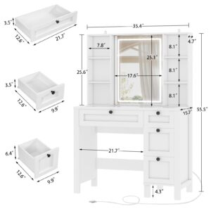 FIONESO Vanity Desk, Makeup Vanity with Glass Tabletop & Power Outlet, Vanity Desk with Mirror and Lights, Makeup Vanity Desk with 4 Drawers & 6 Shelves, Vanity Set for Bedroom, White