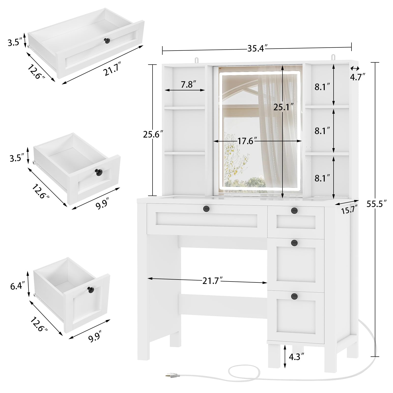 FIONESO Vanity Desk, Makeup Vanity with Glass Tabletop & Power Outlet, Vanity Desk with Mirror and Lights, Makeup Vanity Desk with 4 Drawers & 6 Shelves, Vanity Set for Bedroom, White