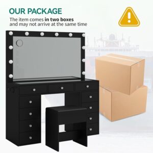 FUSOU Vanity Desk with Power Outlet, Makeup Vanity with Mirror and 12 LED Lights, 3 Lighting Modes,11 Drawers Vanity Table with Chair, Glass Top, Vanity Set for Bedroom,Dressing Room (Black)