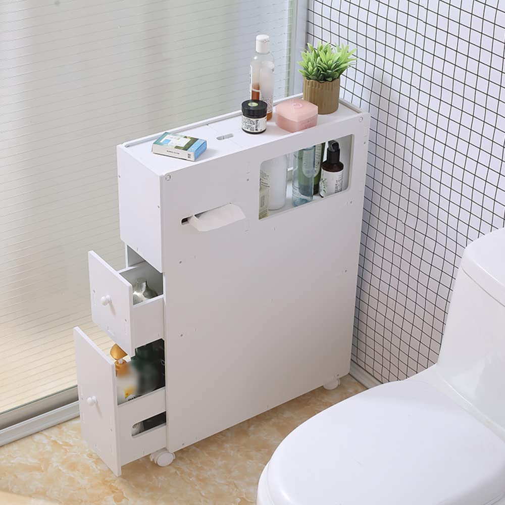 Giciashop Slim Bathroom Storage Cabinet,PVC Side Toilet Storage with Wheels,20.5 x 6.4 inches Small Cabinet for Bathroom Storage(White)