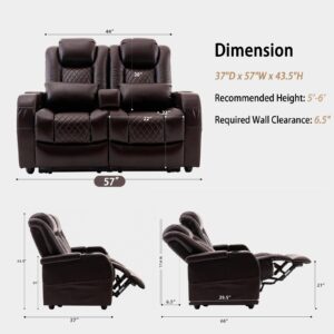 AZXZCS 57" Loveseat Recliner, Recliner Sofa with 3 Cup Holders and 2 Pillows, Wall Hugger Recliners & 135° Reclining Loveseat (Brown PU Leather Furniture)