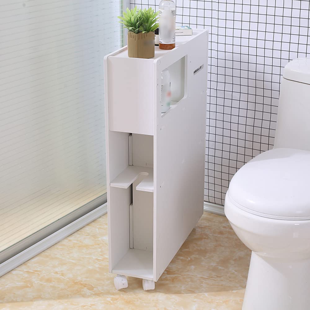 Giciashop Slim Bathroom Storage Cabinet,PVC Side Toilet Storage with Wheels,20.5 x 6.4 inches Small Cabinet for Bathroom Storage(White)