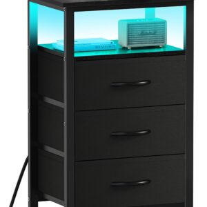 Kinembold Nightstand with Charging Station, Bedside Table LED Night Stand with USB Ports and Outlets, End Table with 3 Fabric Drawers and Storage Shelf, Night Stands for Bedroom (Black)