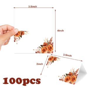 Whaline 100Pcs Orange Floral Place Cards 3.5 x 2 Inch Watercolor Rose Tented Card Seating Cards Blank Table Name Sign for Fall Thanksgiving Party Table Setting Supplies