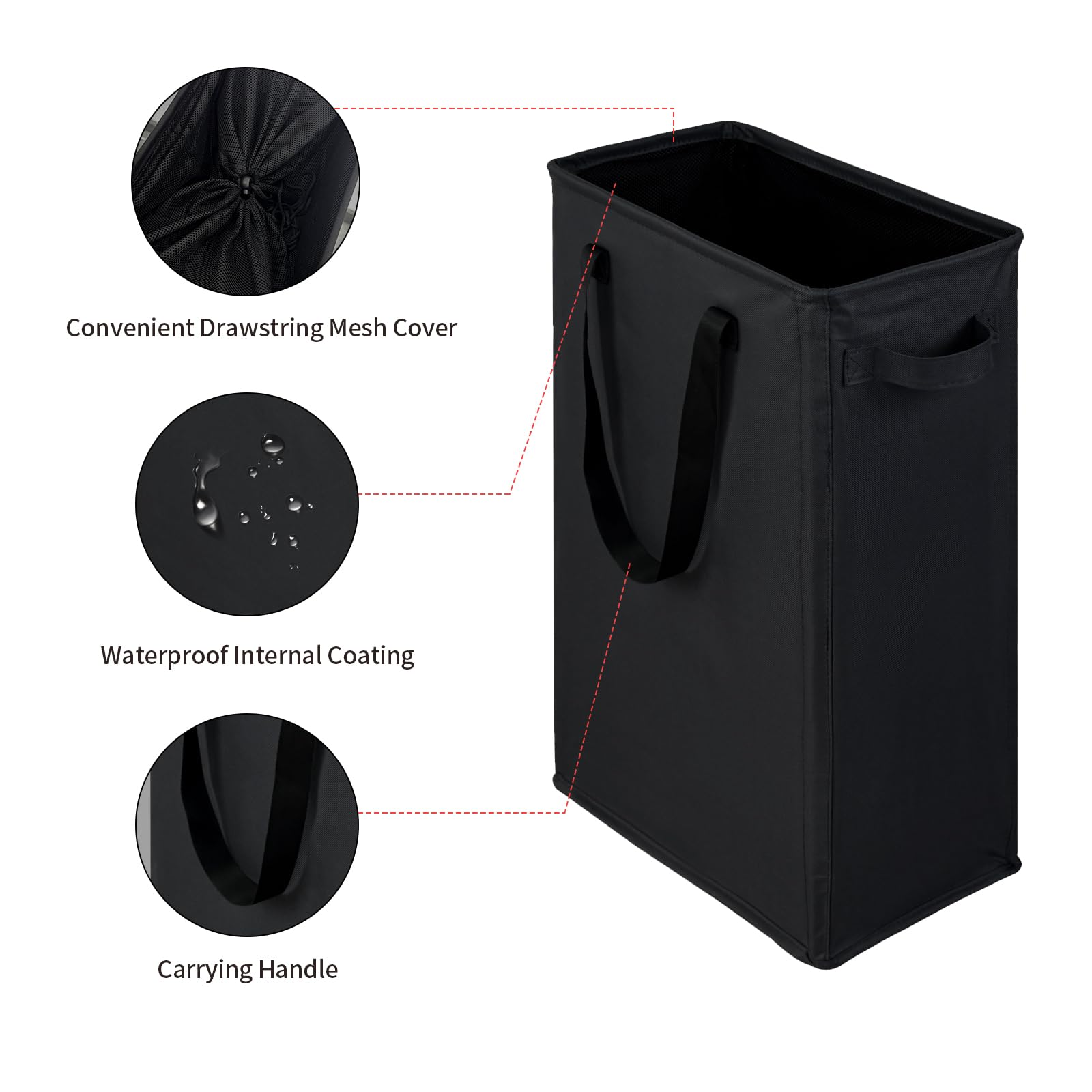 HMFULE Narrow Laundry Basket, Slim Laundry Hamper with Handle，Portable Storage Hamper 48L Foldable for Laundry Room, Dorm and Bedroom (Black)