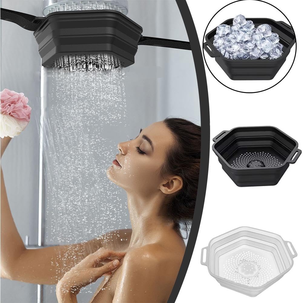 Ice Shower, Ice Bath Water Chiller, Foldable Silicone Ice Bath Tub Bucket, Rapid Cooling Portable Ice Bath Barrel, Shower Head Accessory for Bathing for Adults (Black)