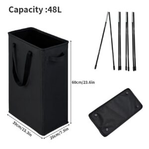 HMFULE Narrow Laundry Basket, Slim Laundry Hamper with Handle，Portable Storage Hamper 48L Foldable for Laundry Room, Dorm and Bedroom (Black)