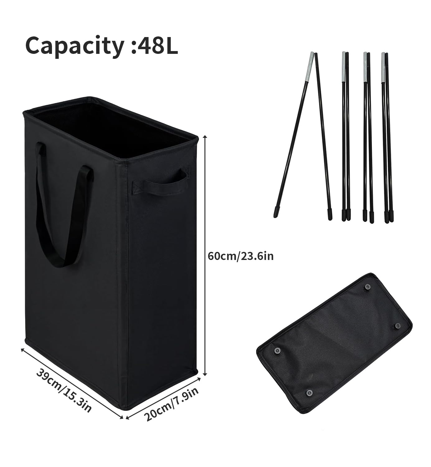 HMFULE Narrow Laundry Basket, Slim Laundry Hamper with Handle，Portable Storage Hamper 48L Foldable for Laundry Room, Dorm and Bedroom (Black)