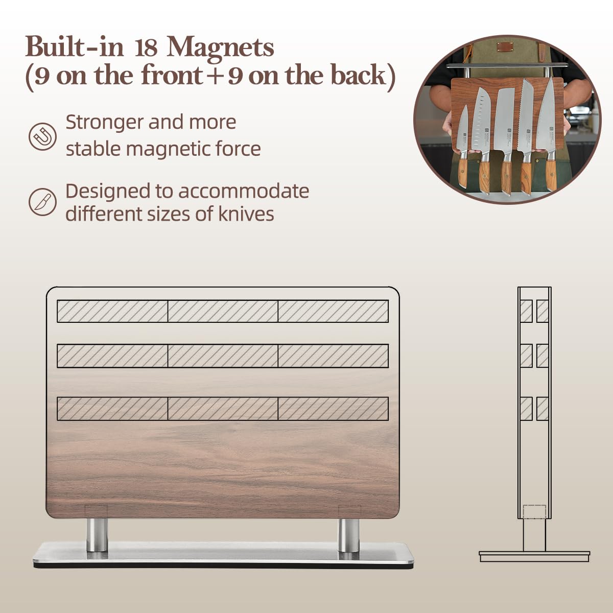 XINZUO Magnetic Knife Block,Natural Walnut Knife Holder Stand for Counter Top,with Strong Magnets,Double Sided Kitchen Knife Storage Rack